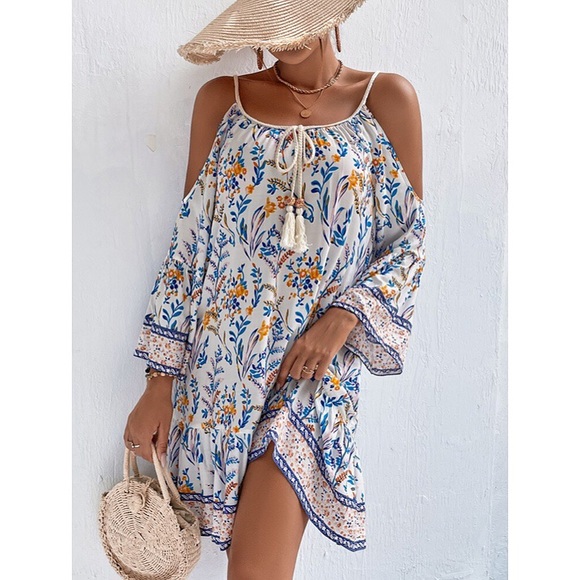 🍂 BOHO BLUE MULTI OPEN SHOULDER TASSEL LOOSE FIT DEESS! - Picture 2 of 9